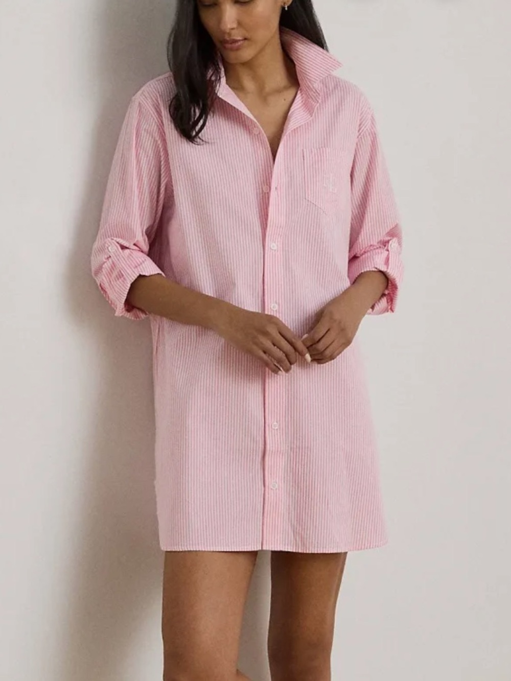 Lauren Ralph Lauren Cotton Sleep Shirt Size M Pink Stripe 3/4 Roll Sleeve